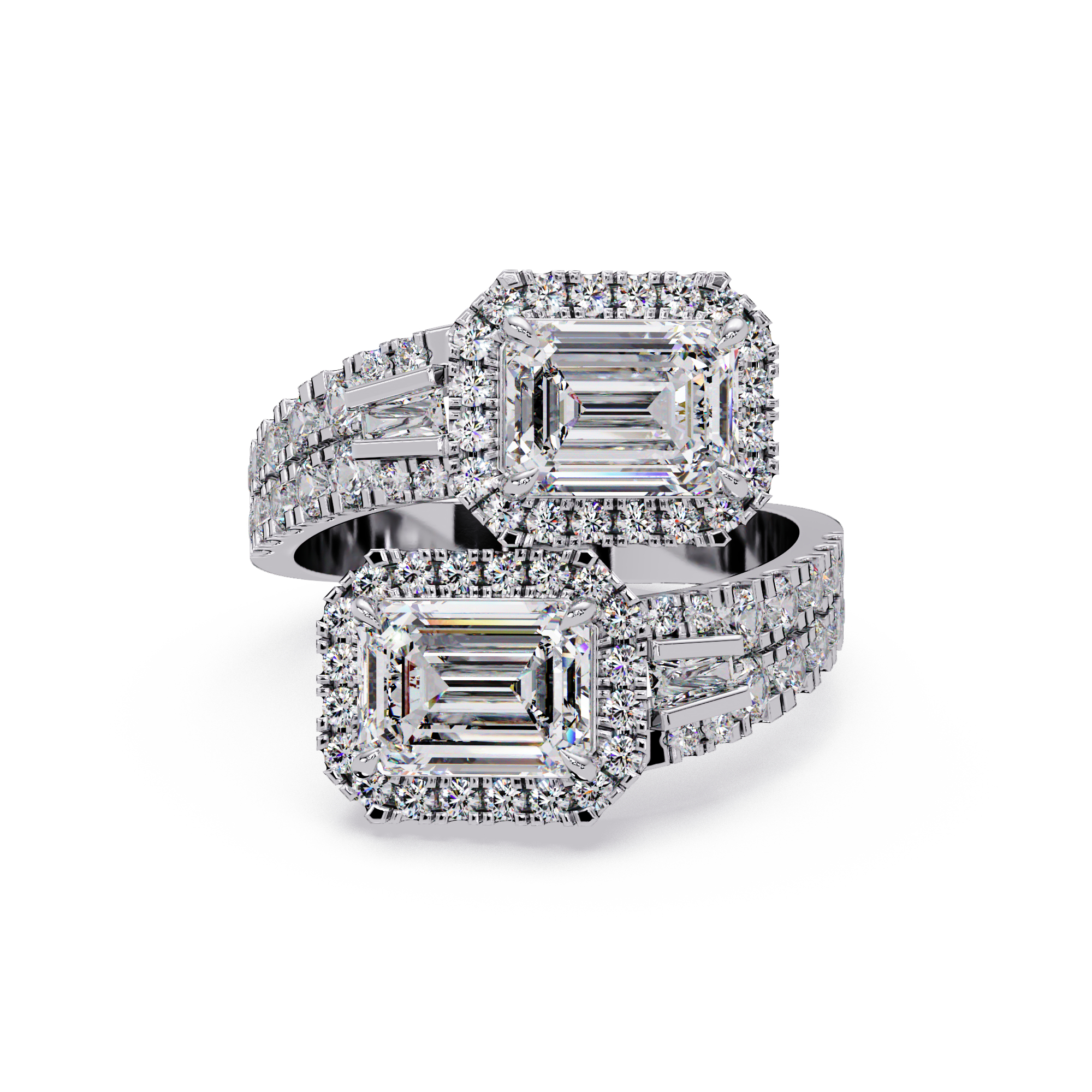 Custom Baguette Emerald Cut Double Halo Engagement Ring