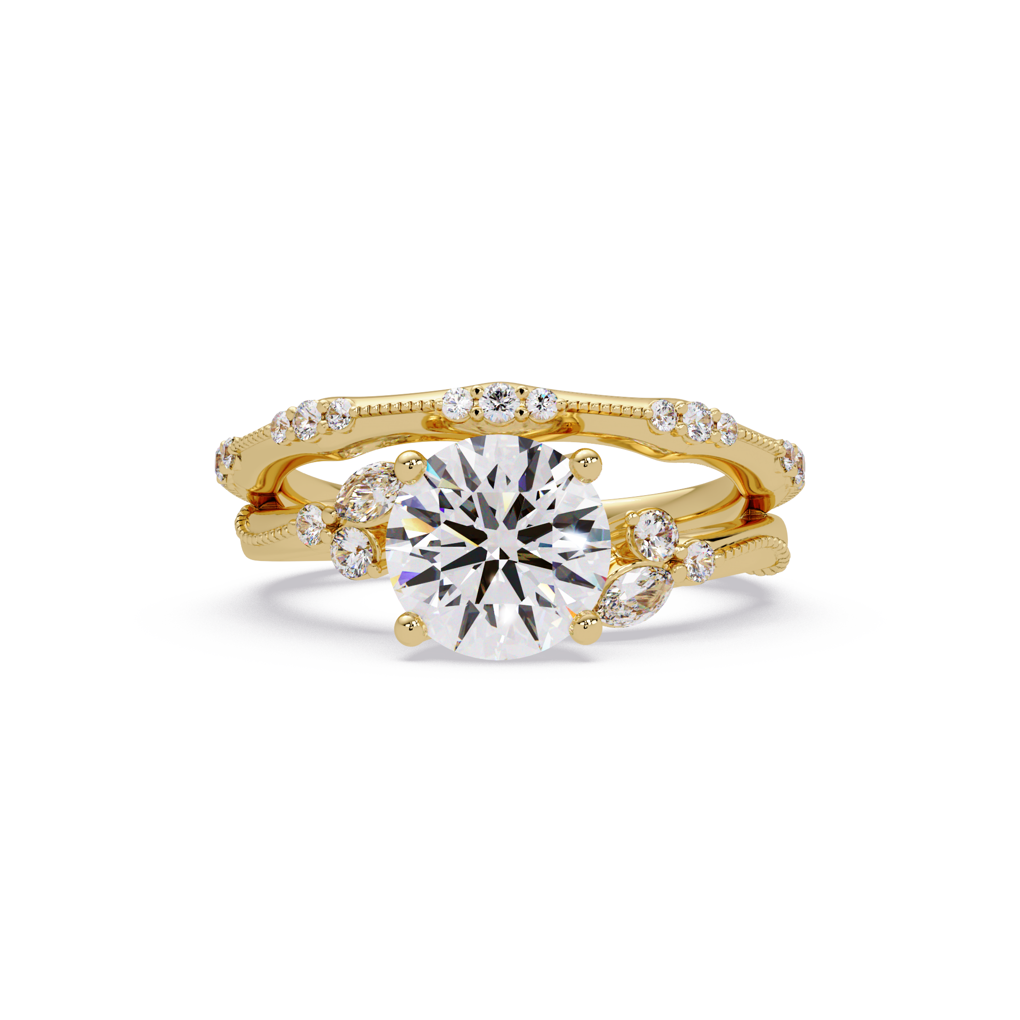 Round Cut Floral Diamond Engagement Ring Set