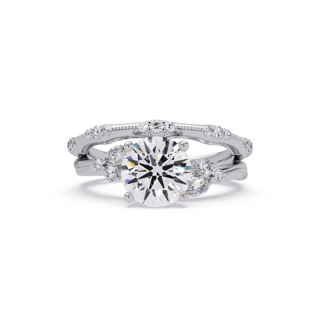 Round Cut Floral Diamond Engagement Ring Set