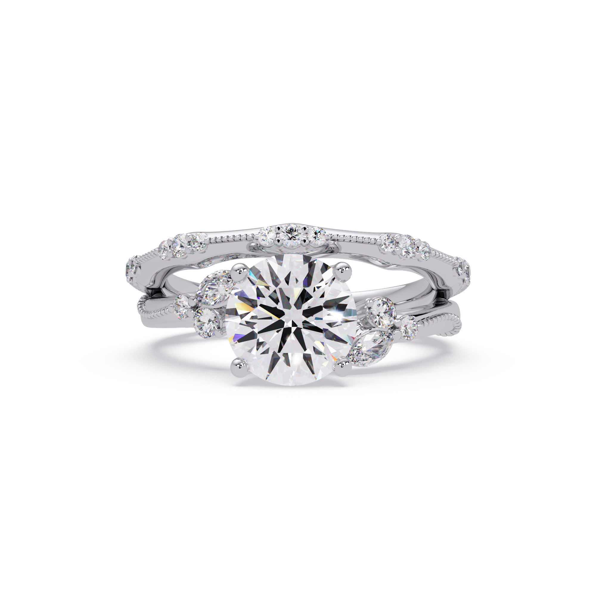 Round Cut Floral Diamond Engagement Ring Set