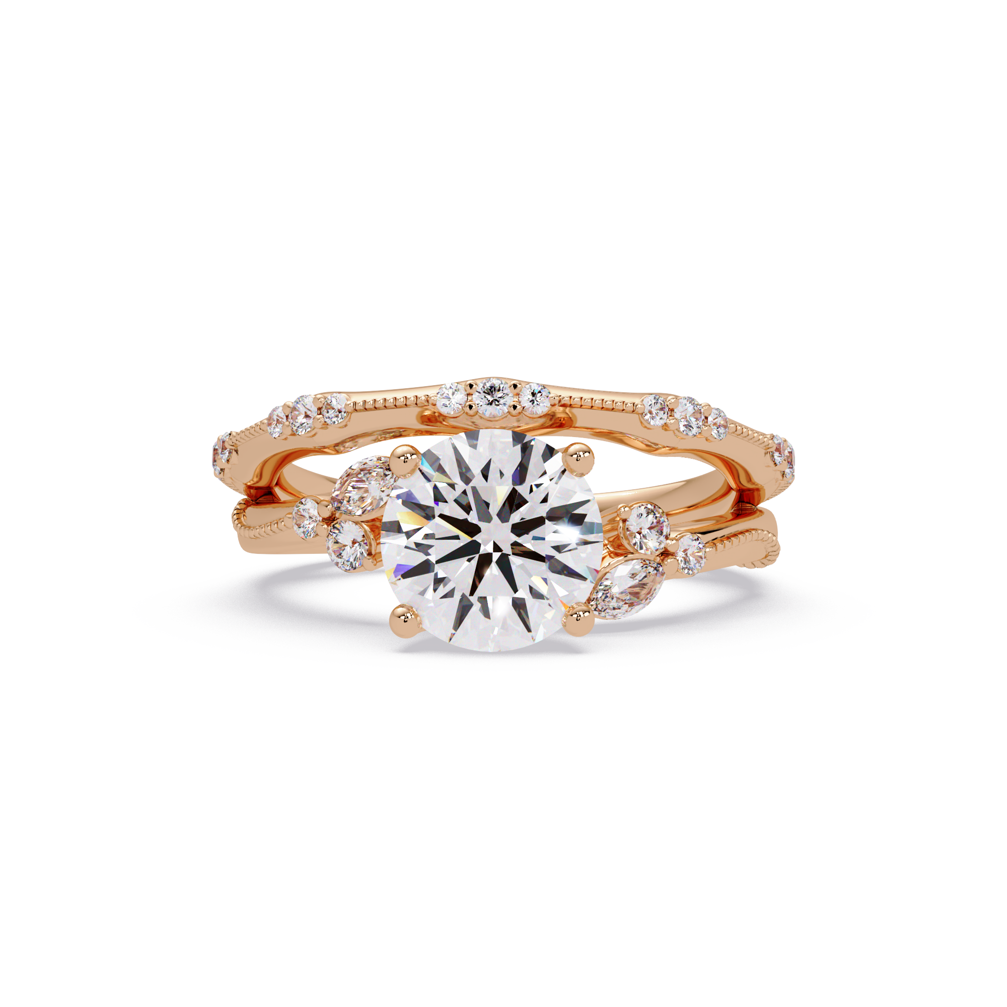 Customizable Round & Marquise Diamond Engagement Ring Set