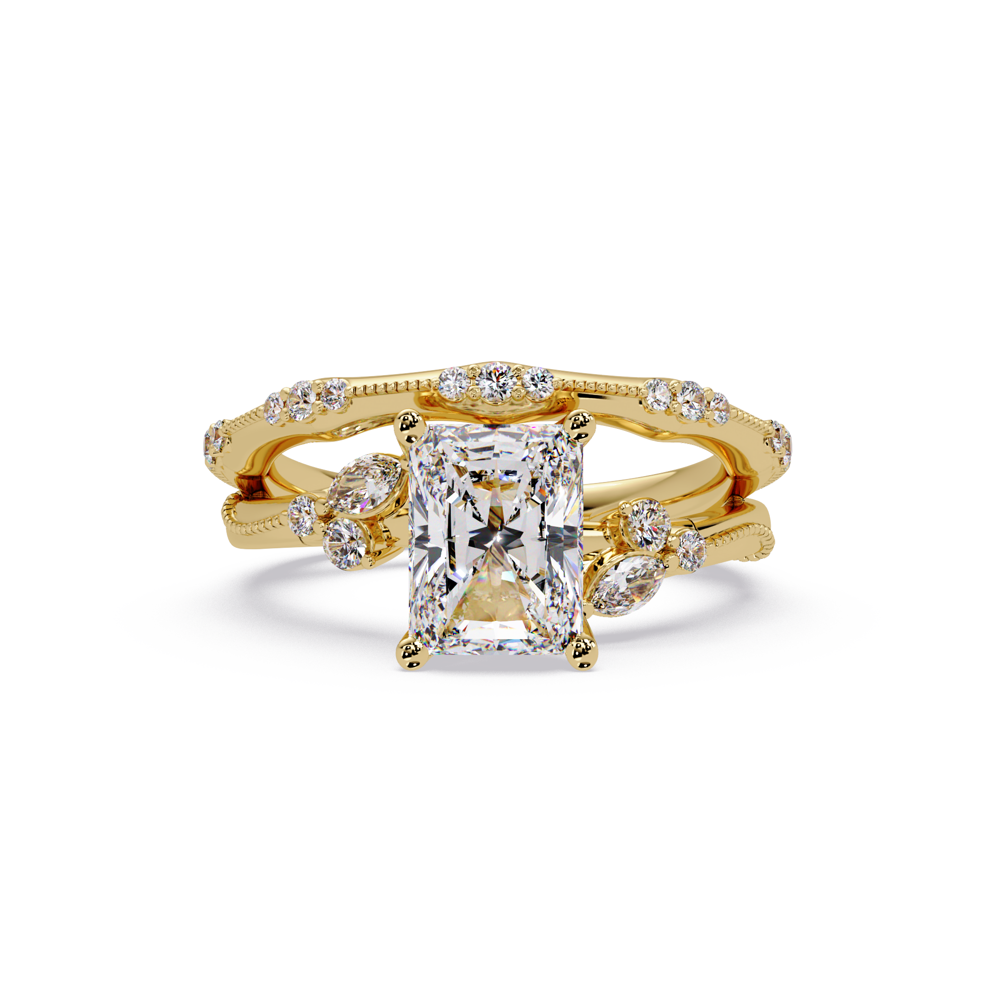 Customizable Radiant Cut Diamond Bridal Ring Set with Round & Marquise Accent Stones