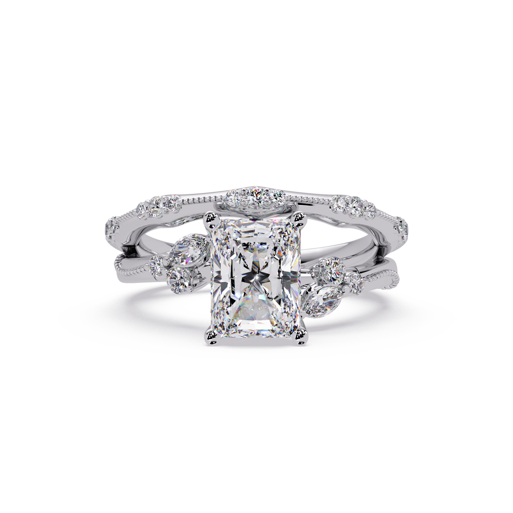 Customizable Radiant Cut Diamond Bridal Ring Set with Round & Marquise Accent Stones