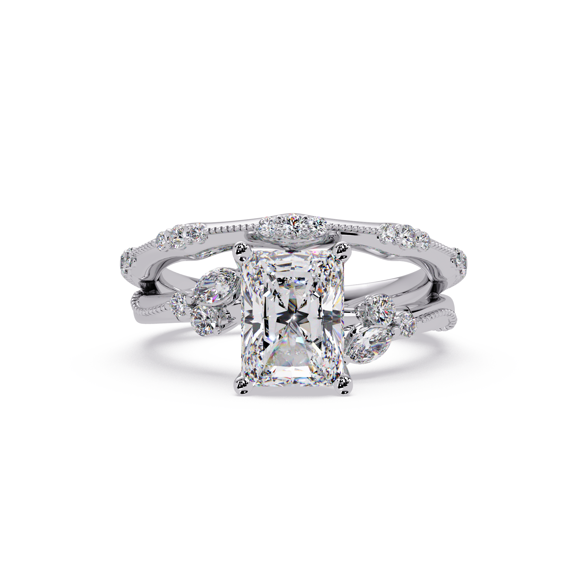 Customizable Radiant Cut Diamond Bridal Ring Set with Round & Marquise Accent Stones