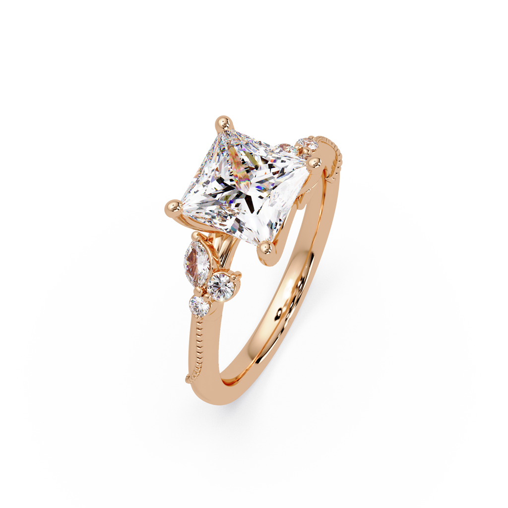Customizable Princess Cut Diamond Ring with Round & Marquise Accent Stones