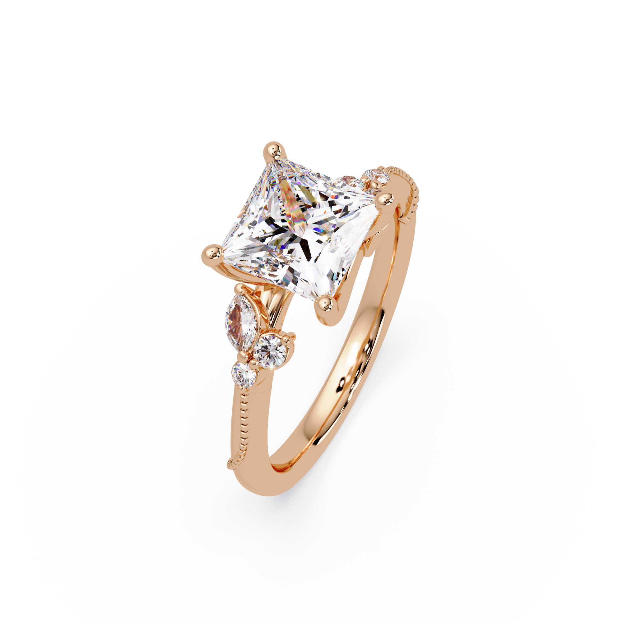 Customizable Princess Cut Diamond Ring with Round & Marquise Accent Stones