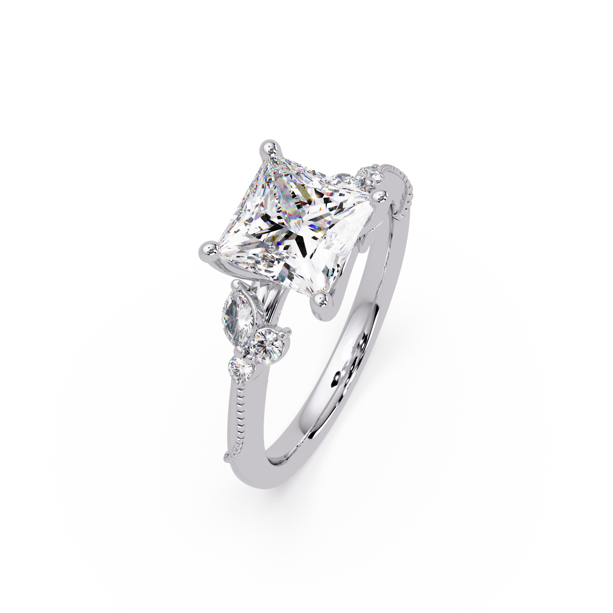 Customizable Princess Cut Diamond Ring with Round & Marquise Accent Stones