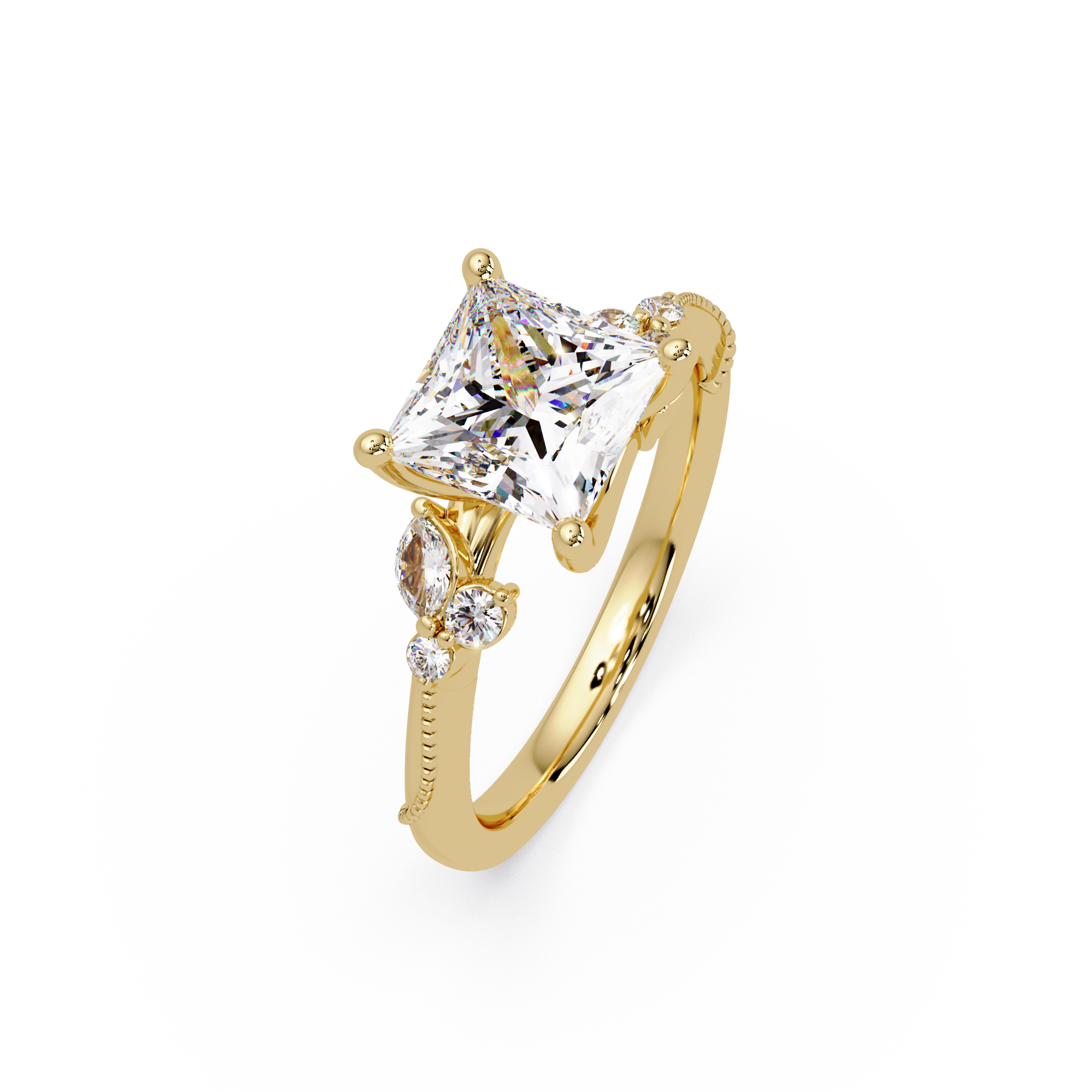 Customizable Princess Cut Diamond Ring with Round & Marquise Accent Stones
