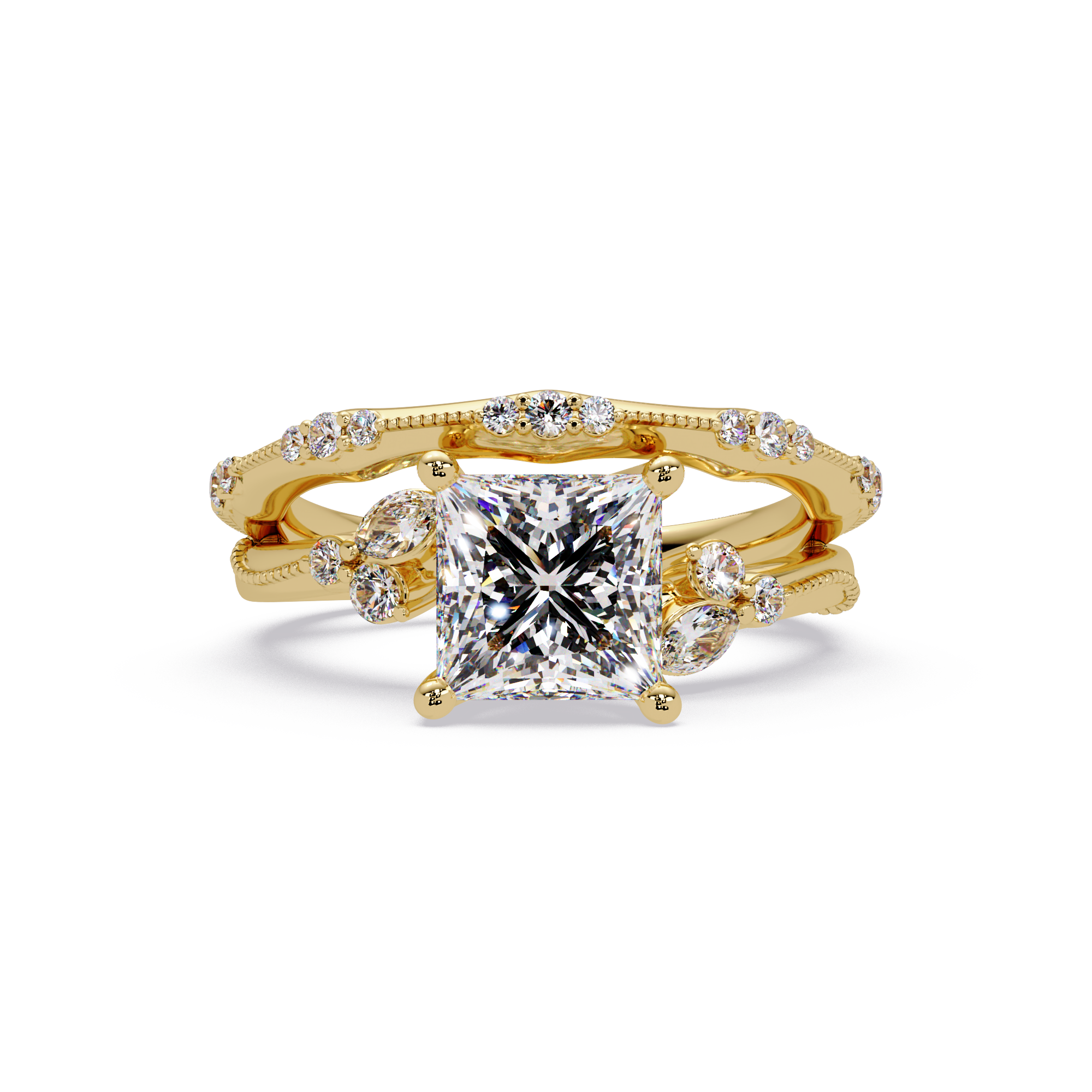 Customizable Princess Cut Diamond Ring with Round & Marquise Accent Stones