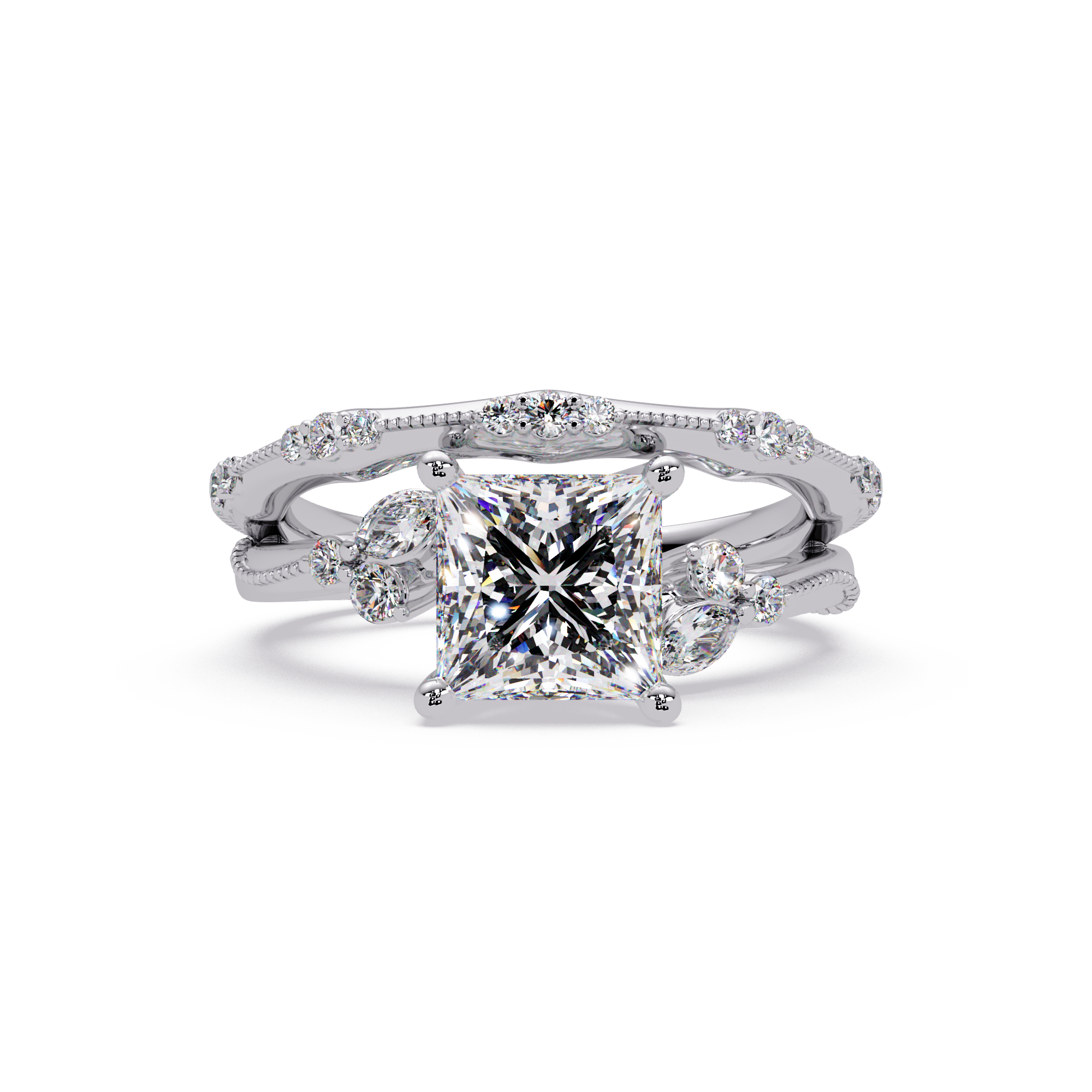 Customizable Princess Cut Diamond Ring with Round & Marquise Accent Stones