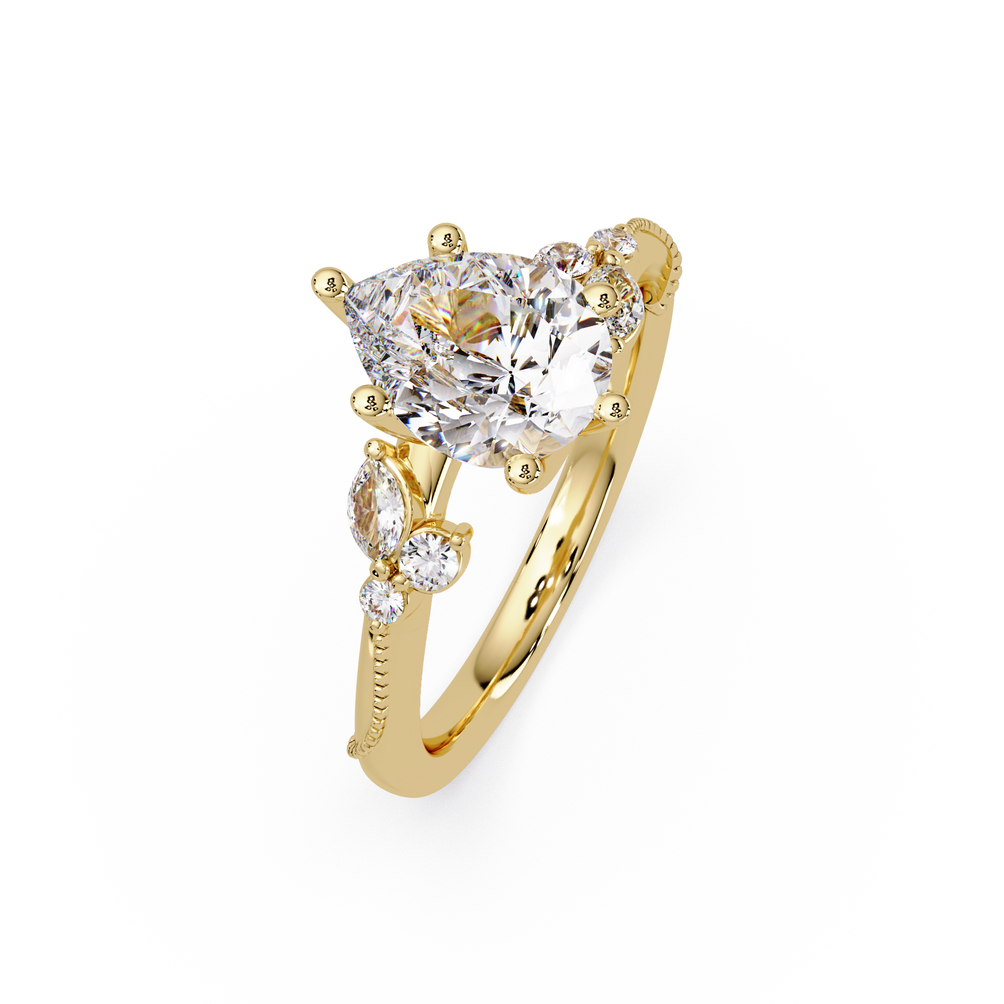 Heart Cut Diamond Ring with Round, Pear & Marquise Accent Stones