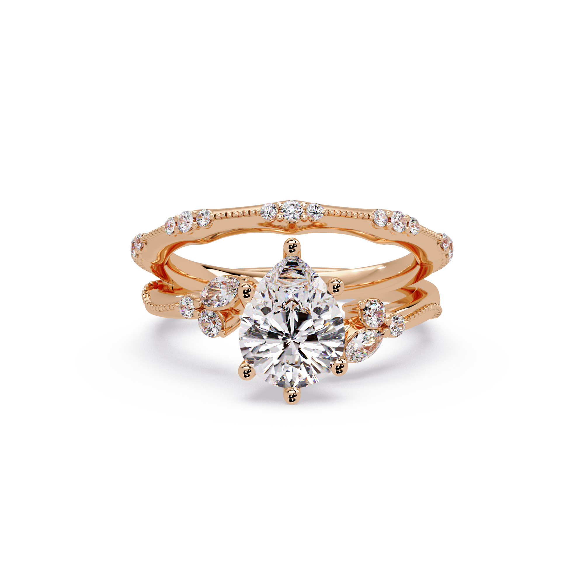 Heart Cut Diamond Ring with Round, Pear & Marquise Accent Stones