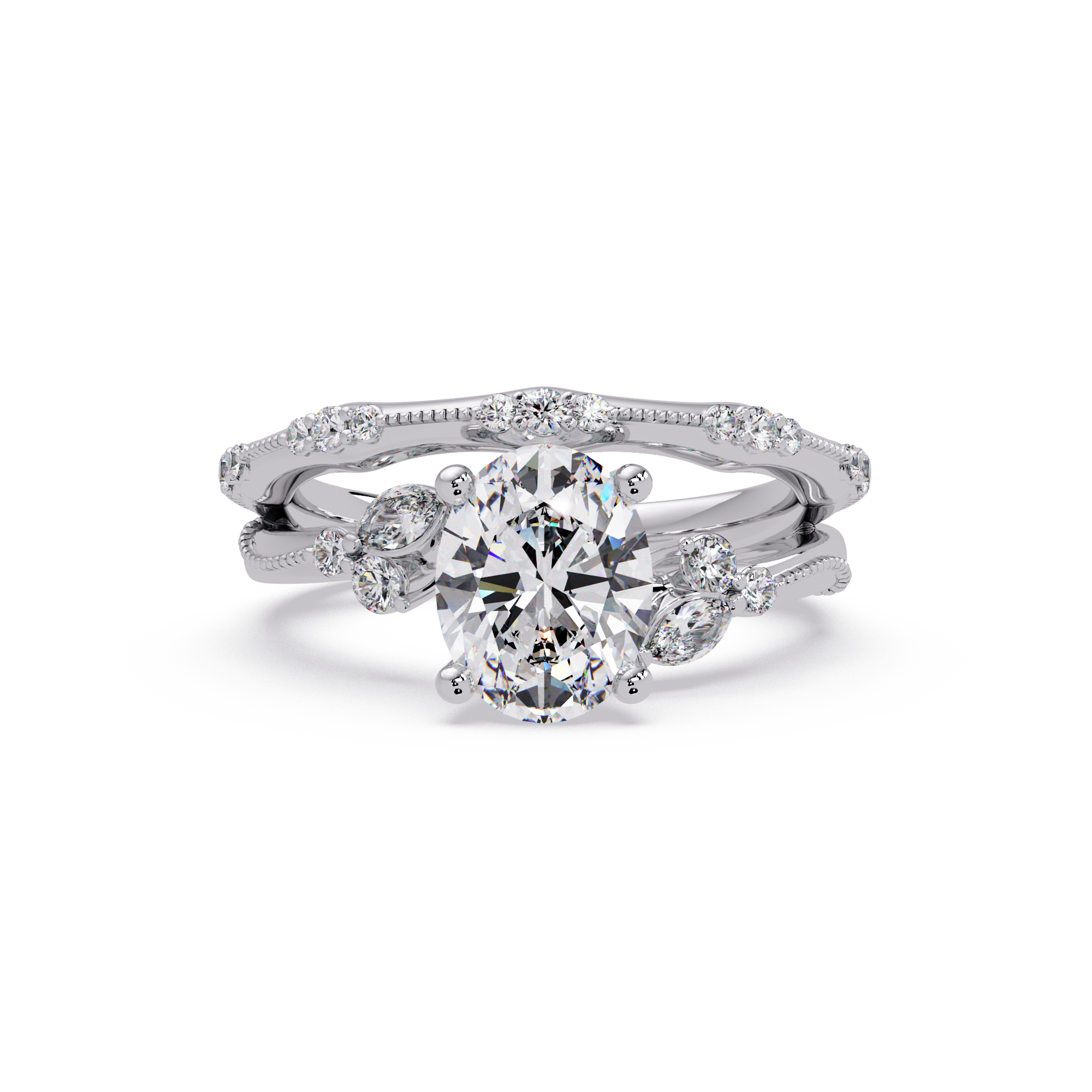 Floral Diamond Engagement Ring with Customizable Round, Oval & Marquise Center Stone
