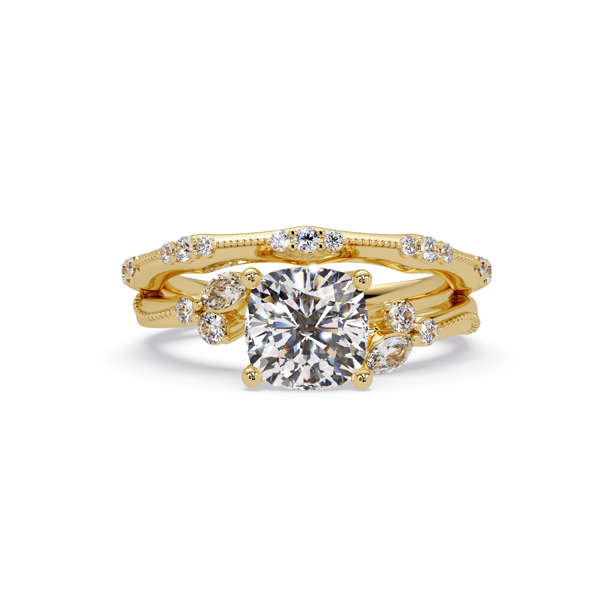 Cushion Cut Diamond Engagement Ring | Nature-Inspired Marquise & Round Accent Ring | Milgrain Solitaire Ring | Laxora
