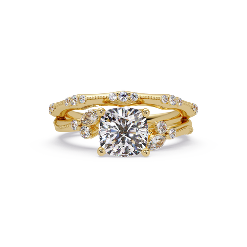 Cushion Cut Diamond Engagement Ring | Nature-Inspired Marquise & Round Accent Ring | Milgrain Solitaire Ring | Laxora