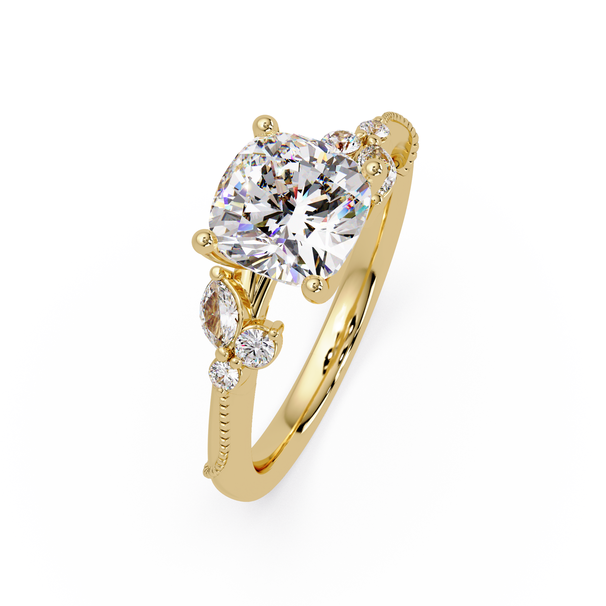 Cushion Cut Diamond Engagement Ring | Nature-Inspired Marquise & Round Accent Ring | Milgrain Solitaire Ring | Laxora