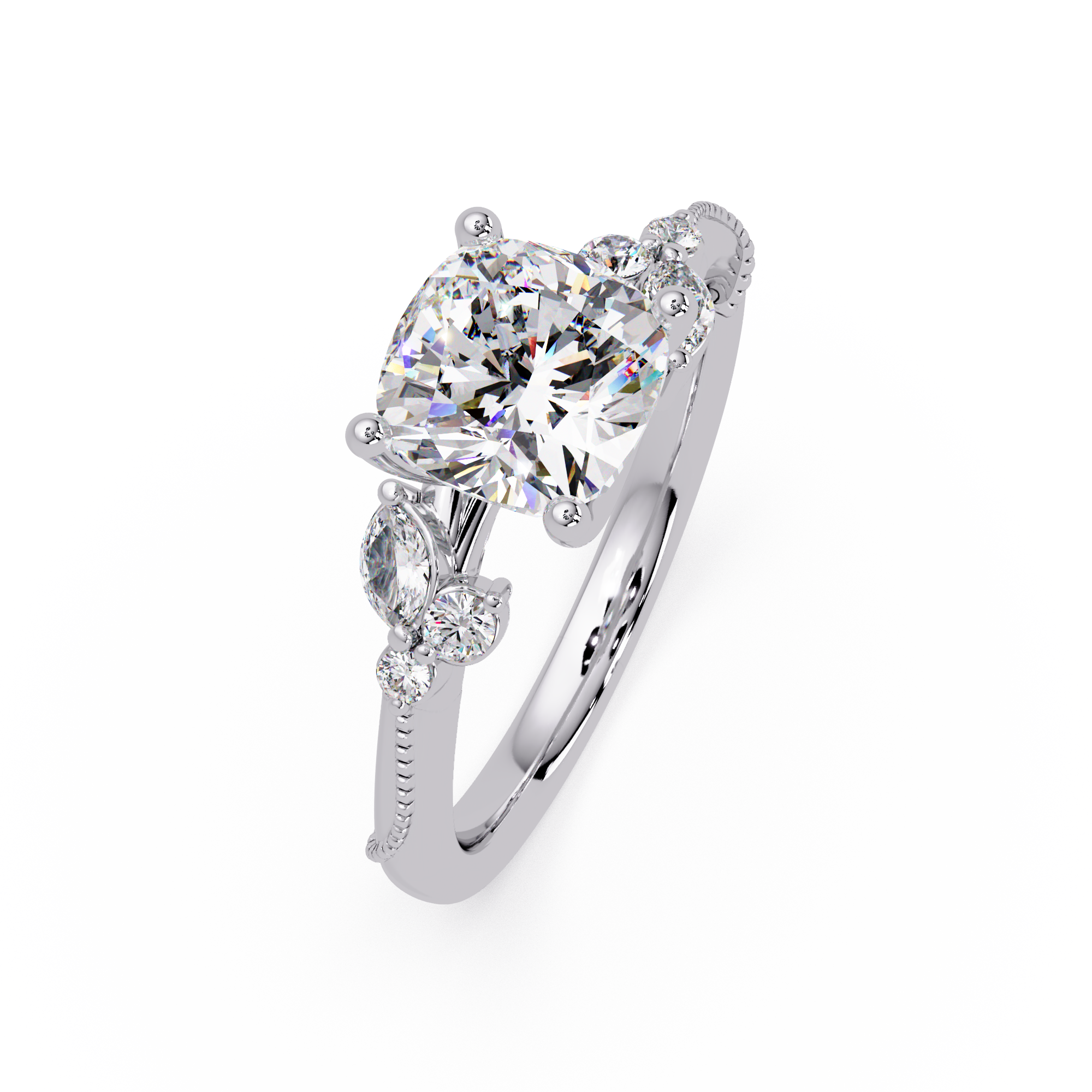Cushion Cut Diamond Engagement Ring | Nature-Inspired Marquise & Round Accent Ring | Milgrain Solitaire Ring | Laxora