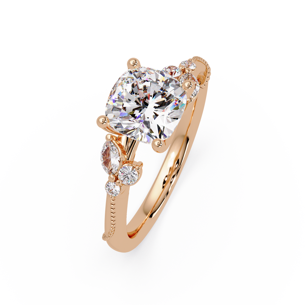 Cushion Cut Diamond Engagement Ring | Nature-Inspired Marquise & Round Accent Ring | Milgrain Solitaire Ring | Laxora