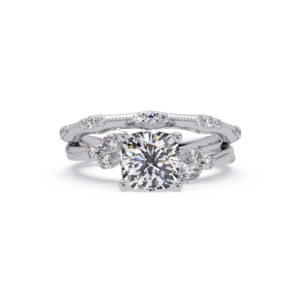 Cushion Cut Diamond Engagement Ring | Nature-Inspired Marquise & Round Accent Ring | Milgrain Solitaire Ring | Laxora