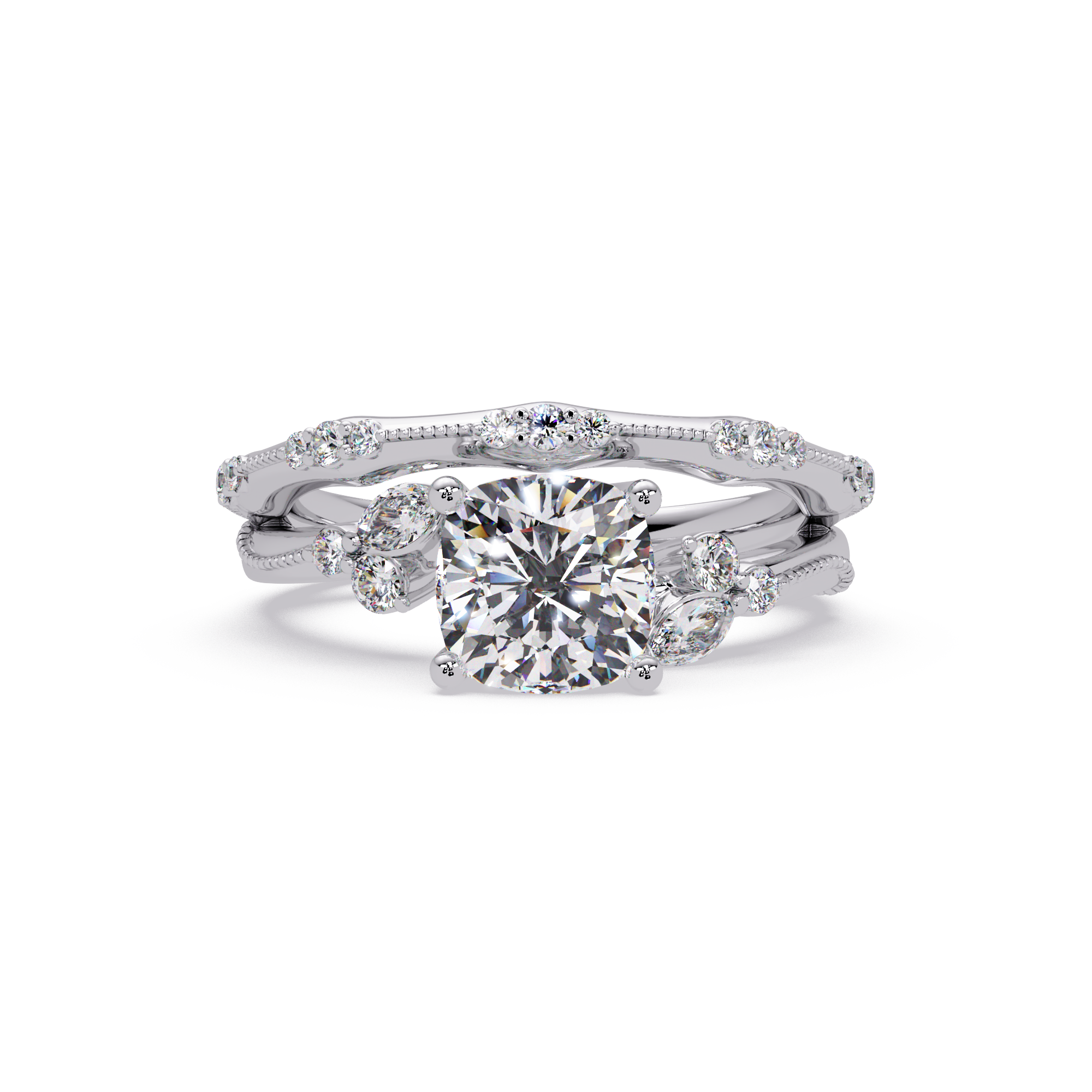 Cushion Cut Diamond Engagement Ring | Nature-Inspired Marquise & Round Accent Ring | Milgrain Solitaire Ring | Laxora