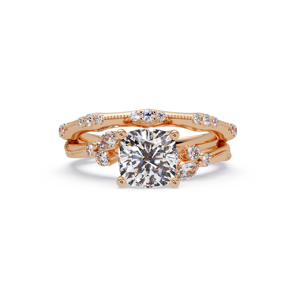 Cushion Cut Diamond Engagement Ring | Nature-Inspired Marquise & Round Accent Ring | Milgrain Solitaire Ring | Laxora