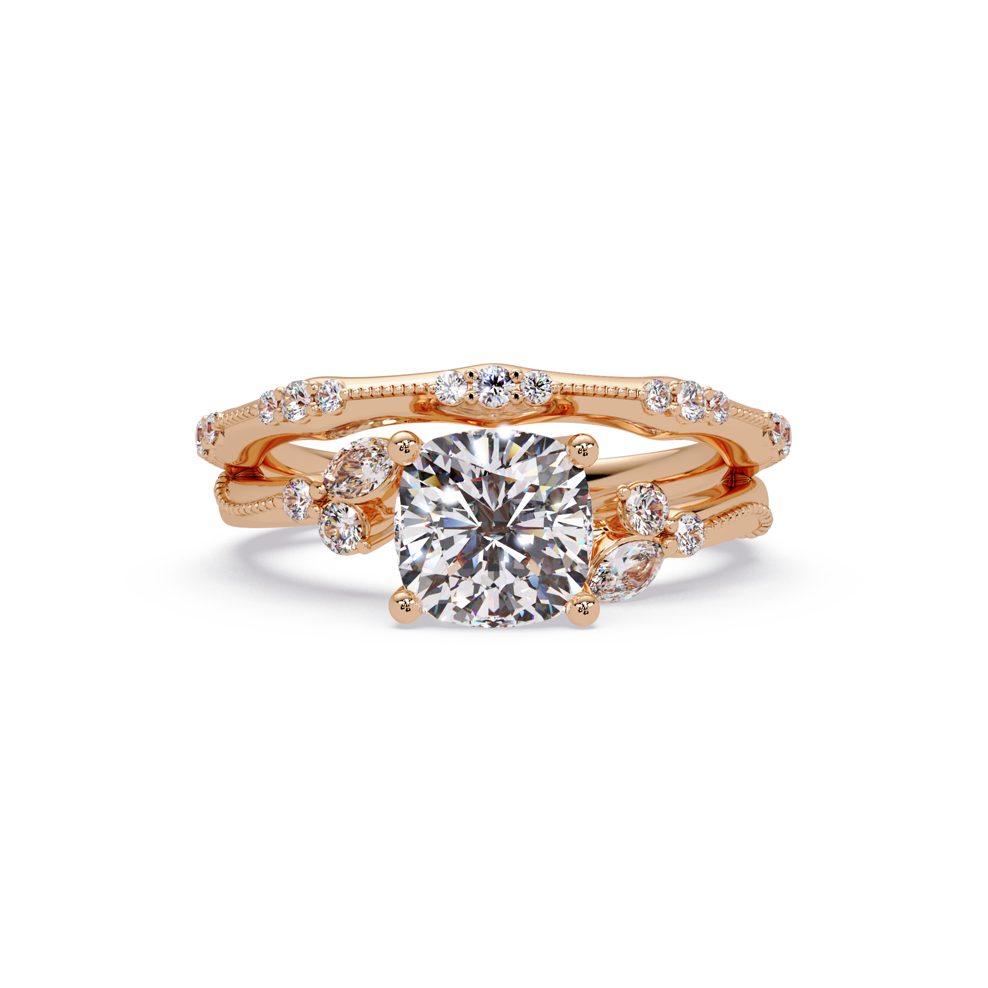 Cushion Cut Diamond Engagement Ring | Nature-Inspired Marquise & Round Accent Ring | Milgrain Solitaire Ring | Laxora