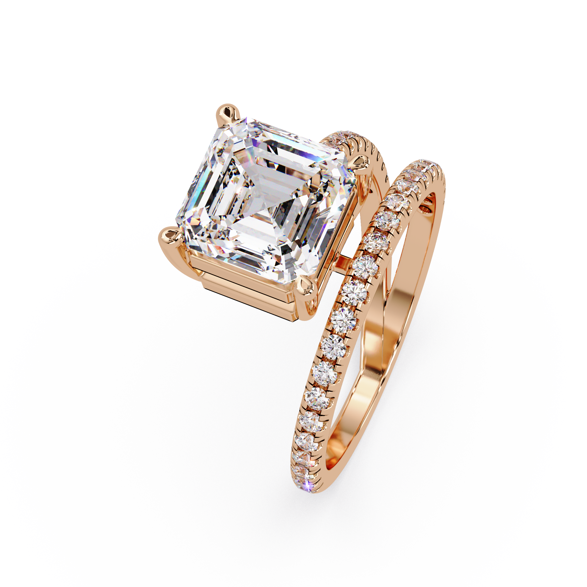 Emerald Square & Round Cut Diamond Bypass Engagement Ring