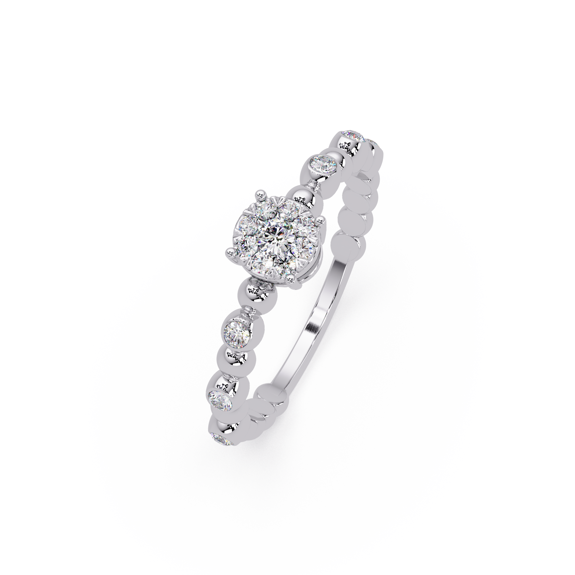 Round Cut Cluster Diamond Beaded Engagement Ring
