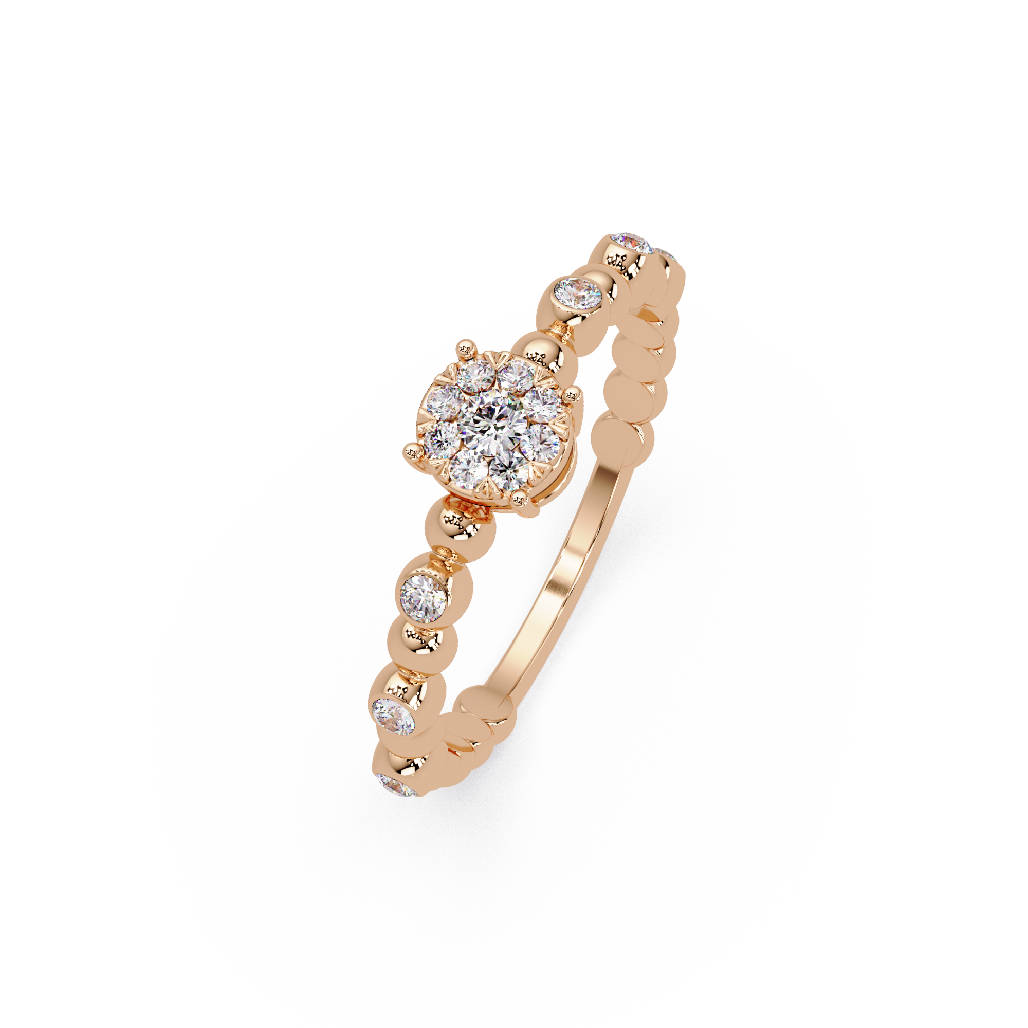 Round Cluster Diamond Bezel Bead Band Engagement Ring