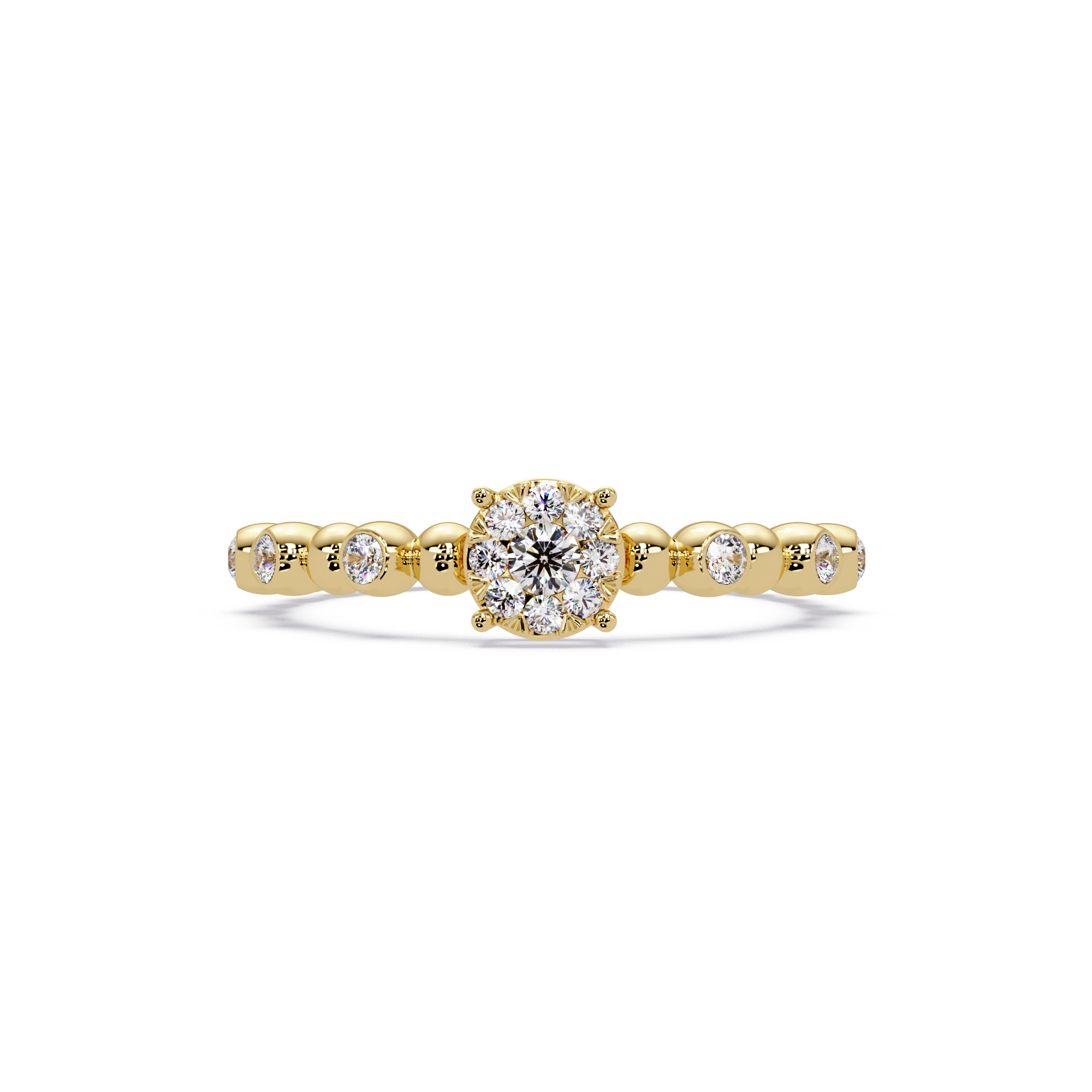 Round Cluster Diamond Bezel Bead Band Engagement Ring