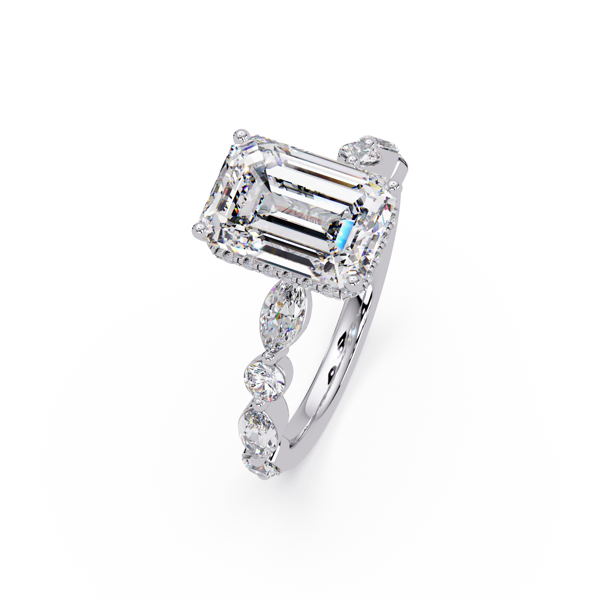 Modern East-West Emerald Solitaire Hidden Halo Ring