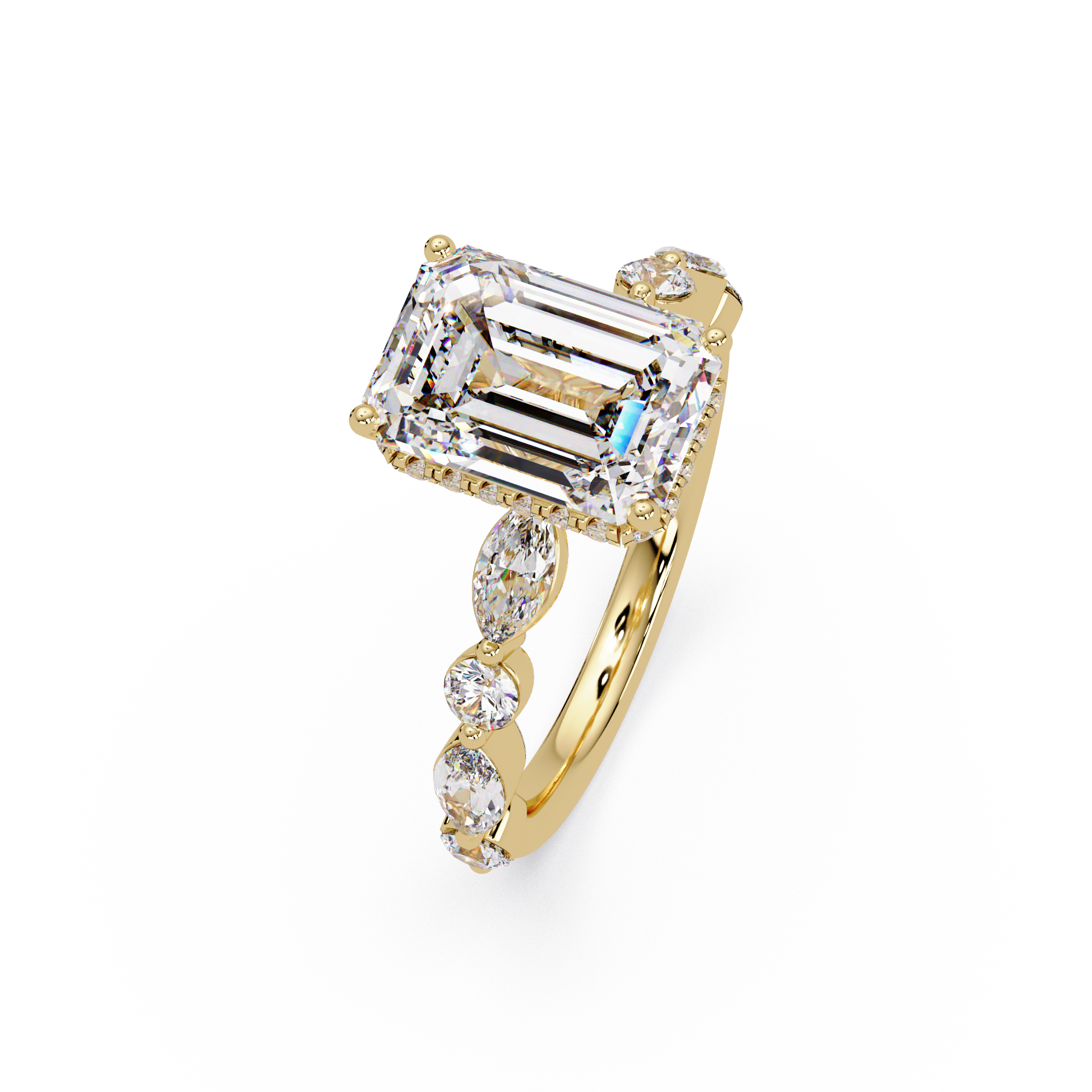 Modern East-West Emerald Solitaire Hidden Halo Ring