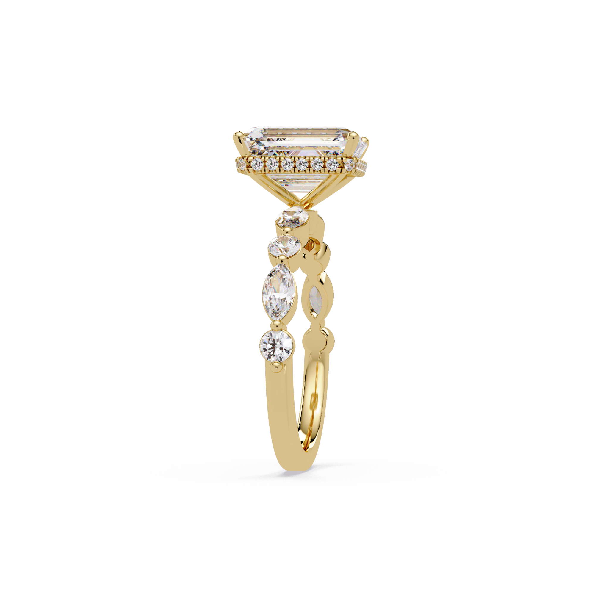 Modern East-West Emerald Solitaire Hidden Halo Ring