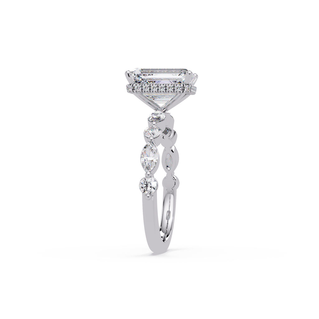Modern East-West Emerald Solitaire Hidden Halo Ring