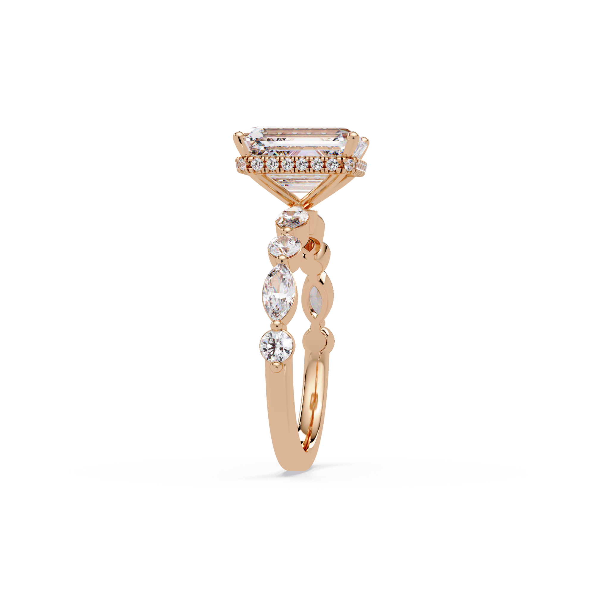 Modern East-West Emerald Solitaire Hidden Halo Ring