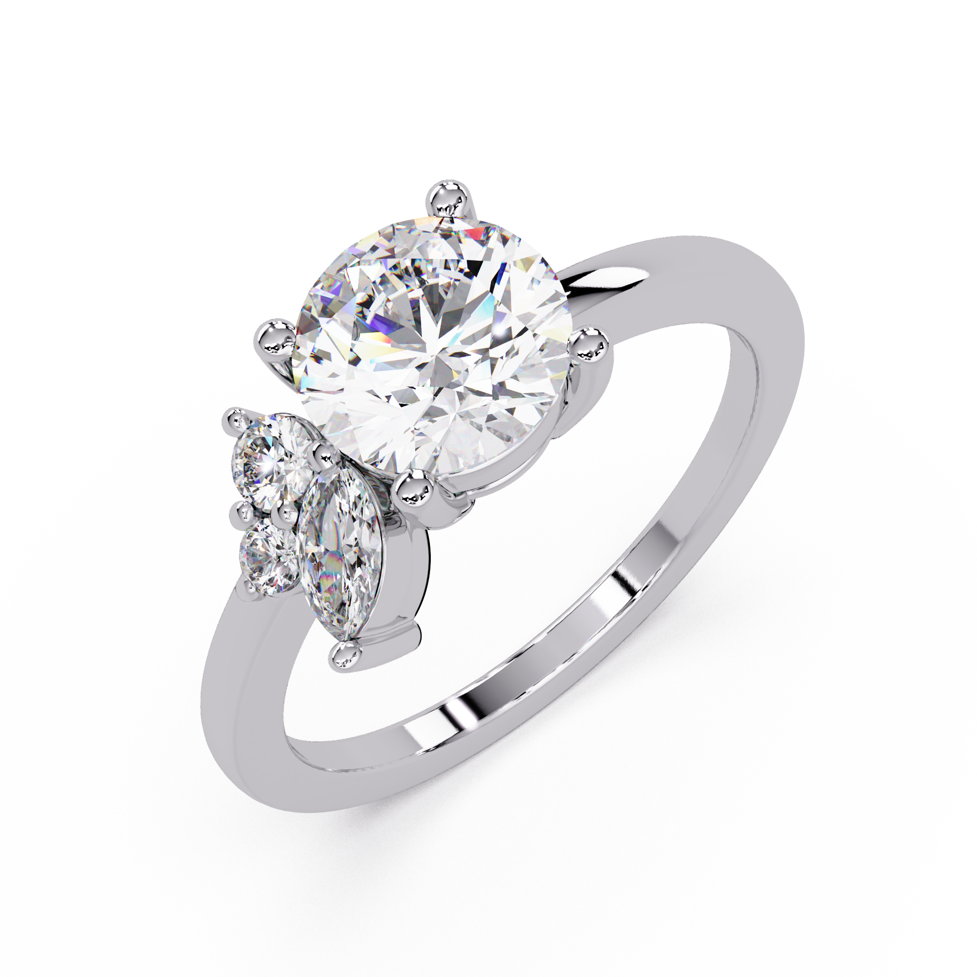 Round Cut Diamond Cluster Side Stones Engagement Ring