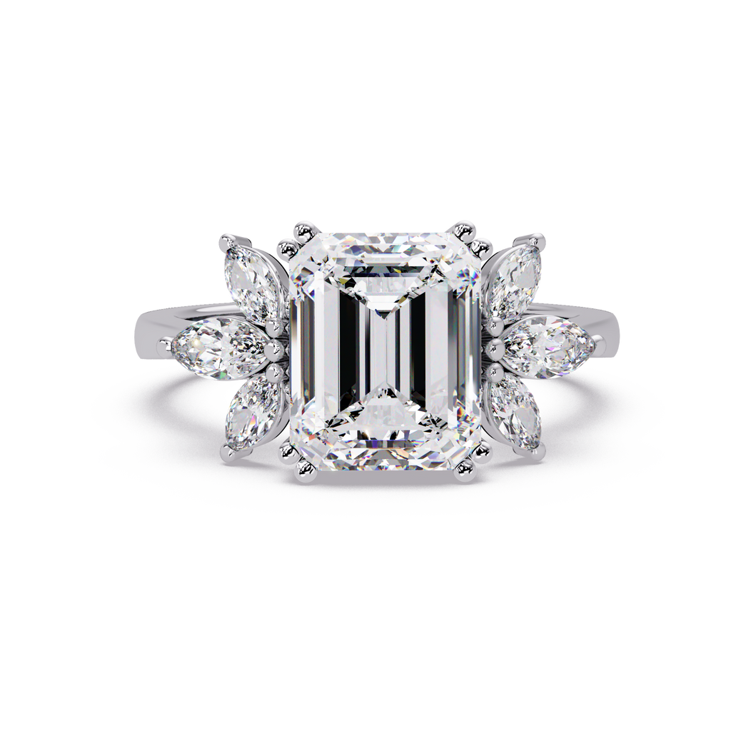 Emerald Cut Diamond Marquise Floral Cluster Engagement Ring