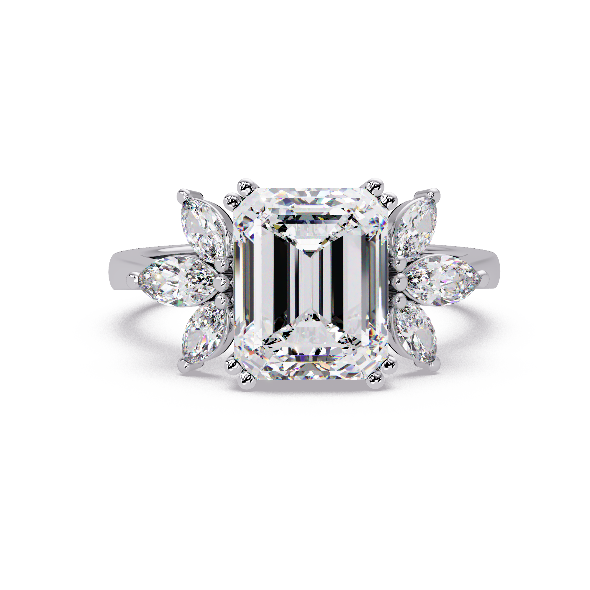 Emerald Cut Diamond Marquise Floral Cluster Engagement Ring