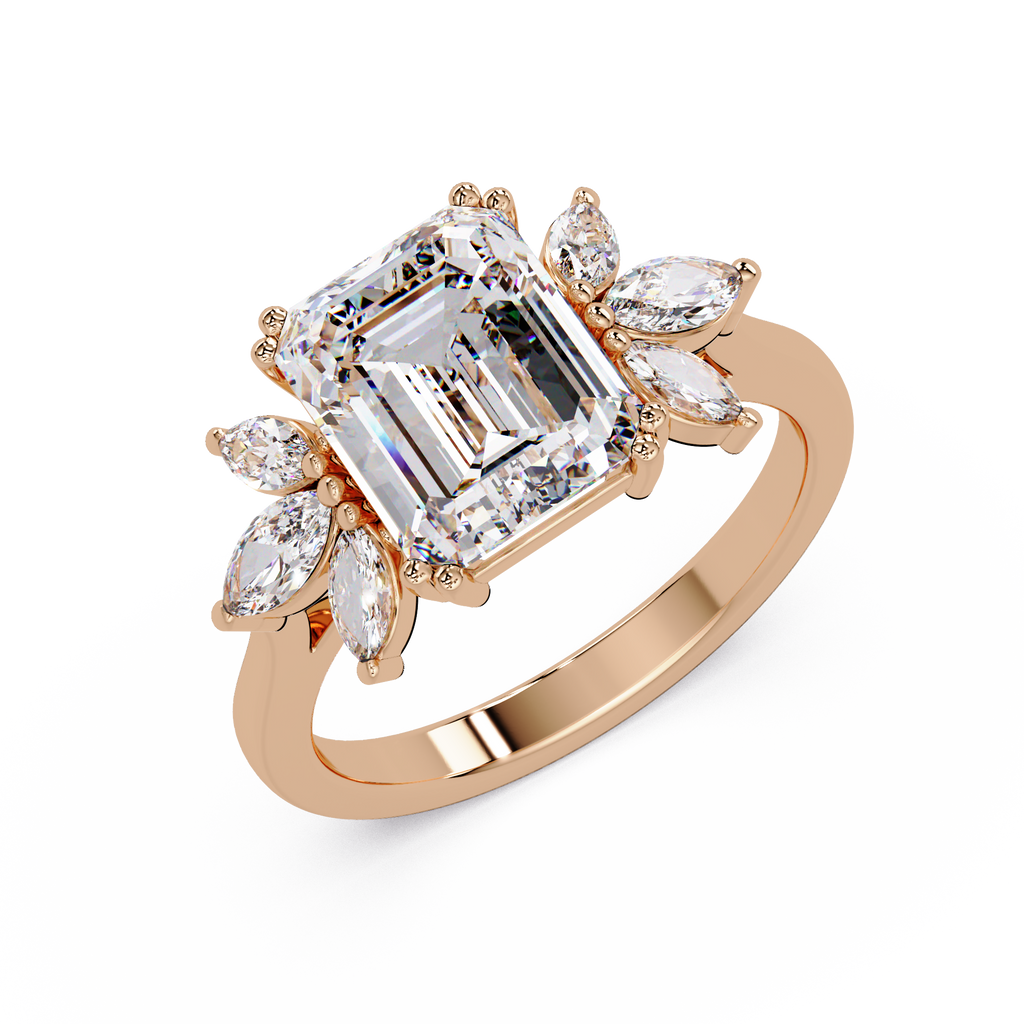 Emerald Cut Diamond Marquise Floral Cluster Engagement Ring