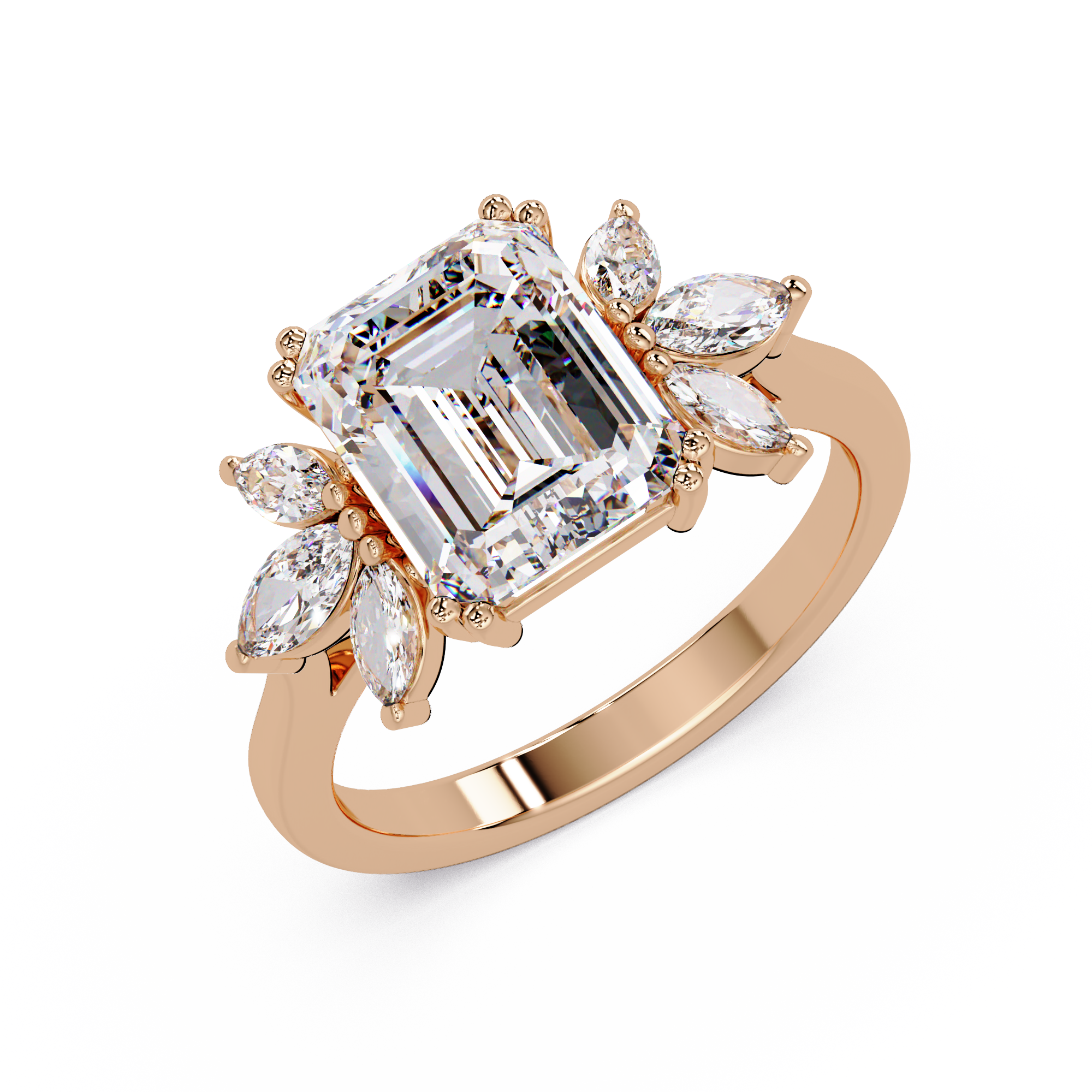 Emerald Cut Diamond Marquise Floral Cluster Engagement Ring