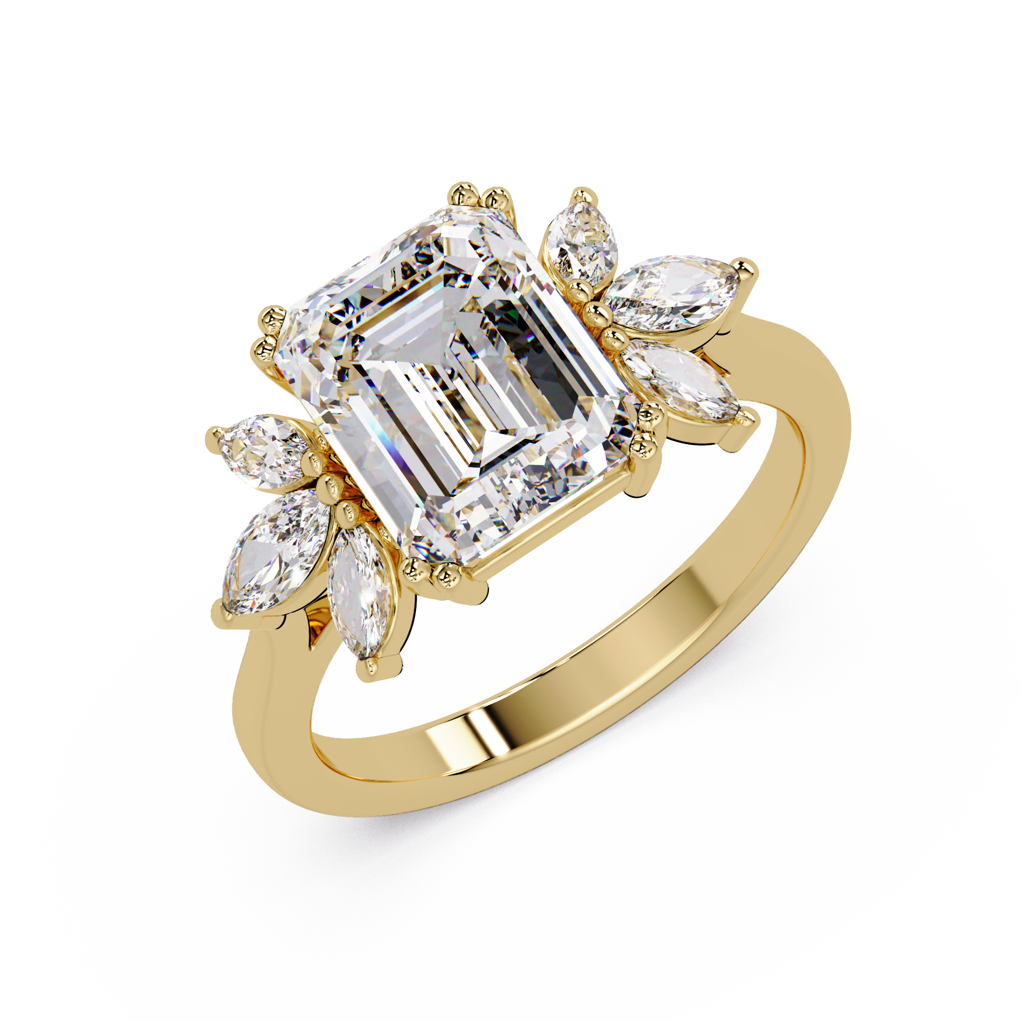 Emerald Cut Diamond Marquise Floral Cluster Engagement Ring
