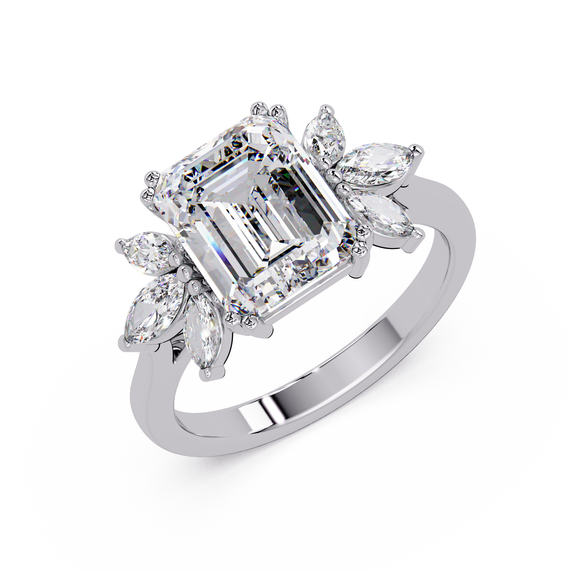 Emerald Cut Diamond Marquise Floral Cluster Engagement Ring