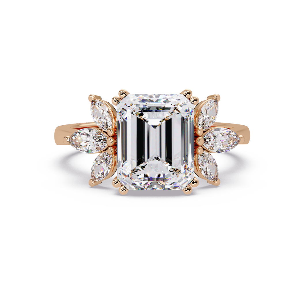 Emerald Cut Diamond Marquise Floral Cluster Engagement Ring