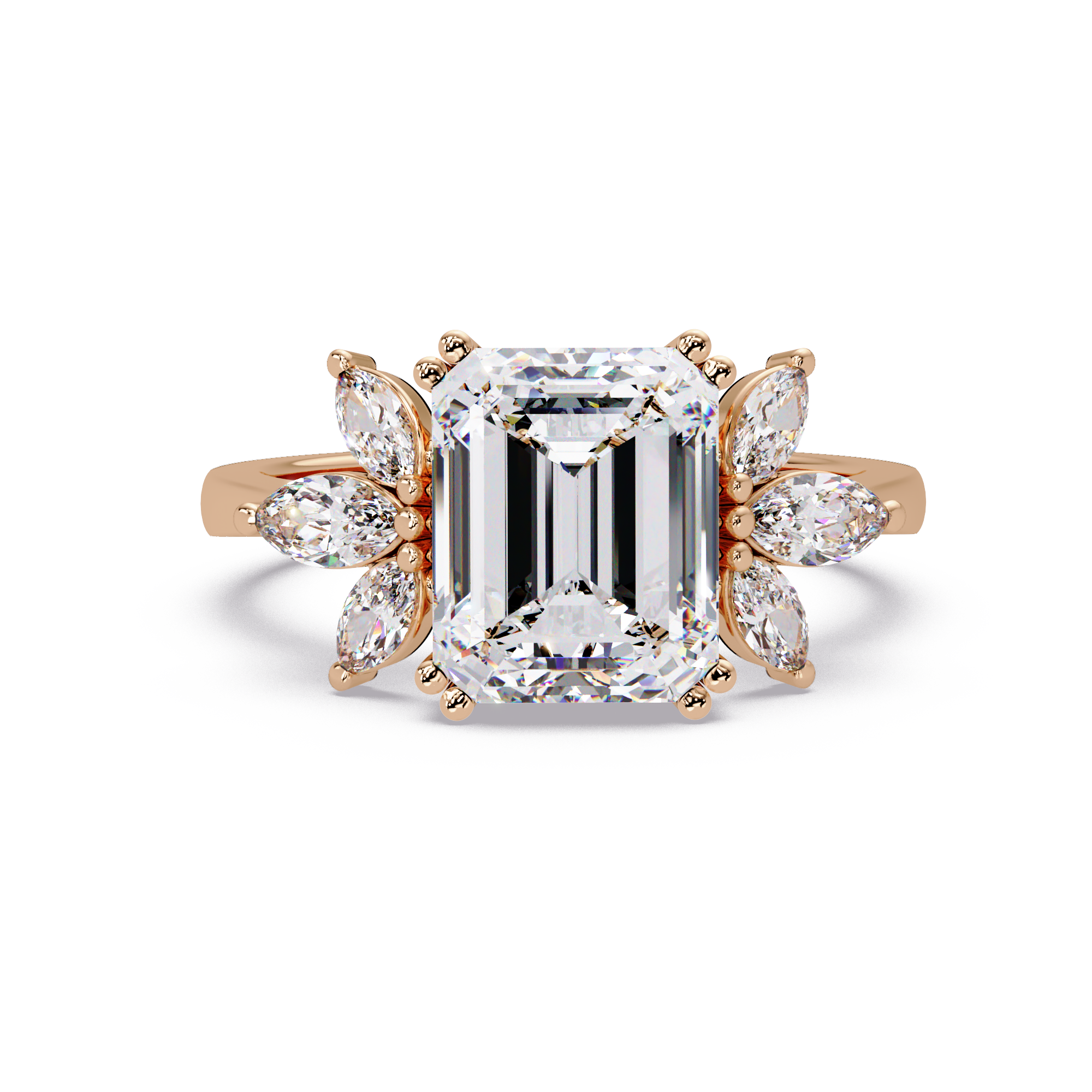Emerald Cut Diamond Marquise Floral Cluster Engagement Ring