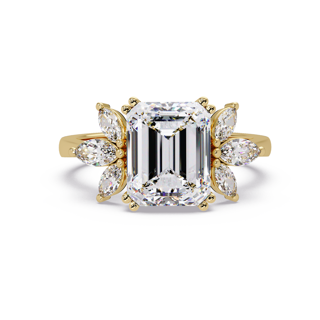 Emerald Cut Diamond Marquise Floral Cluster Engagement Ring