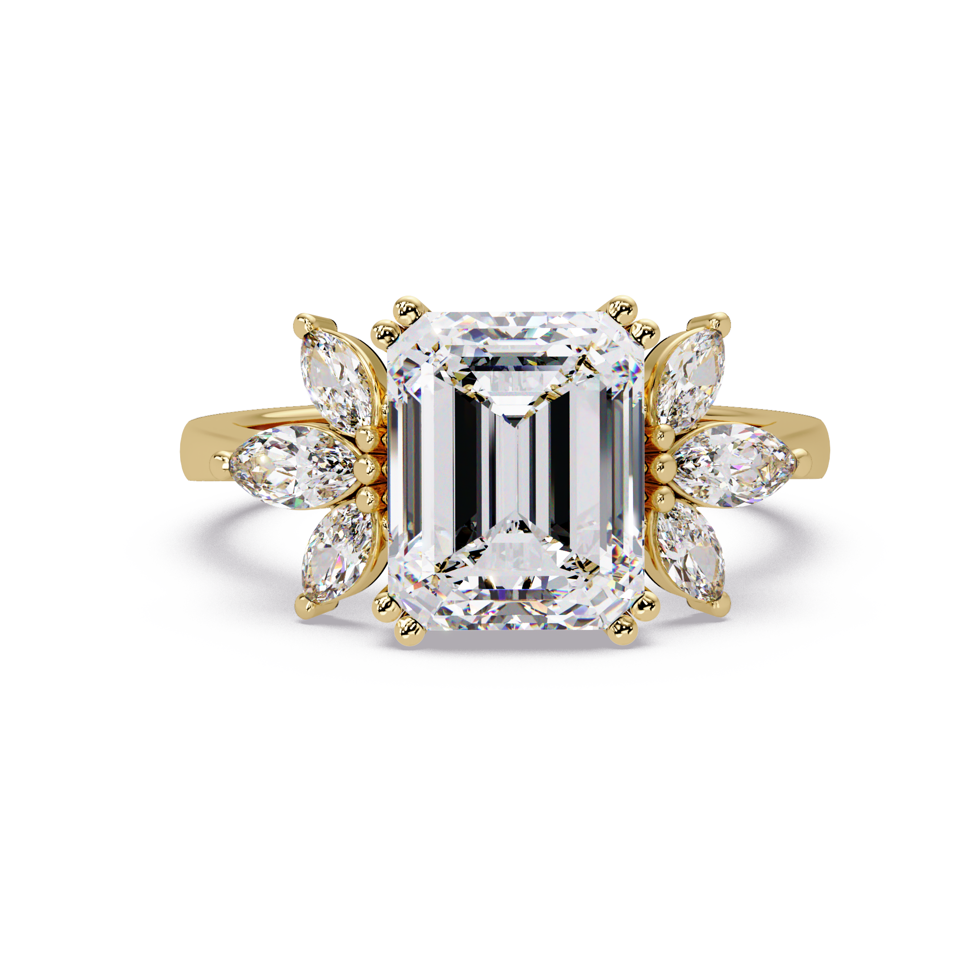 Emerald Cut Diamond Marquise Floral Cluster Engagement Ring