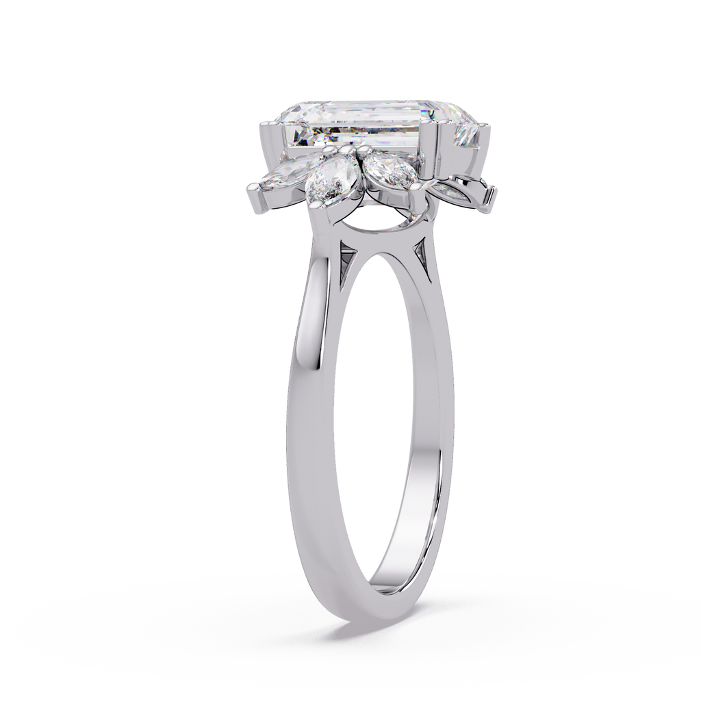 Emerald Cut Diamond Marquise Floral Cluster Engagement Ring