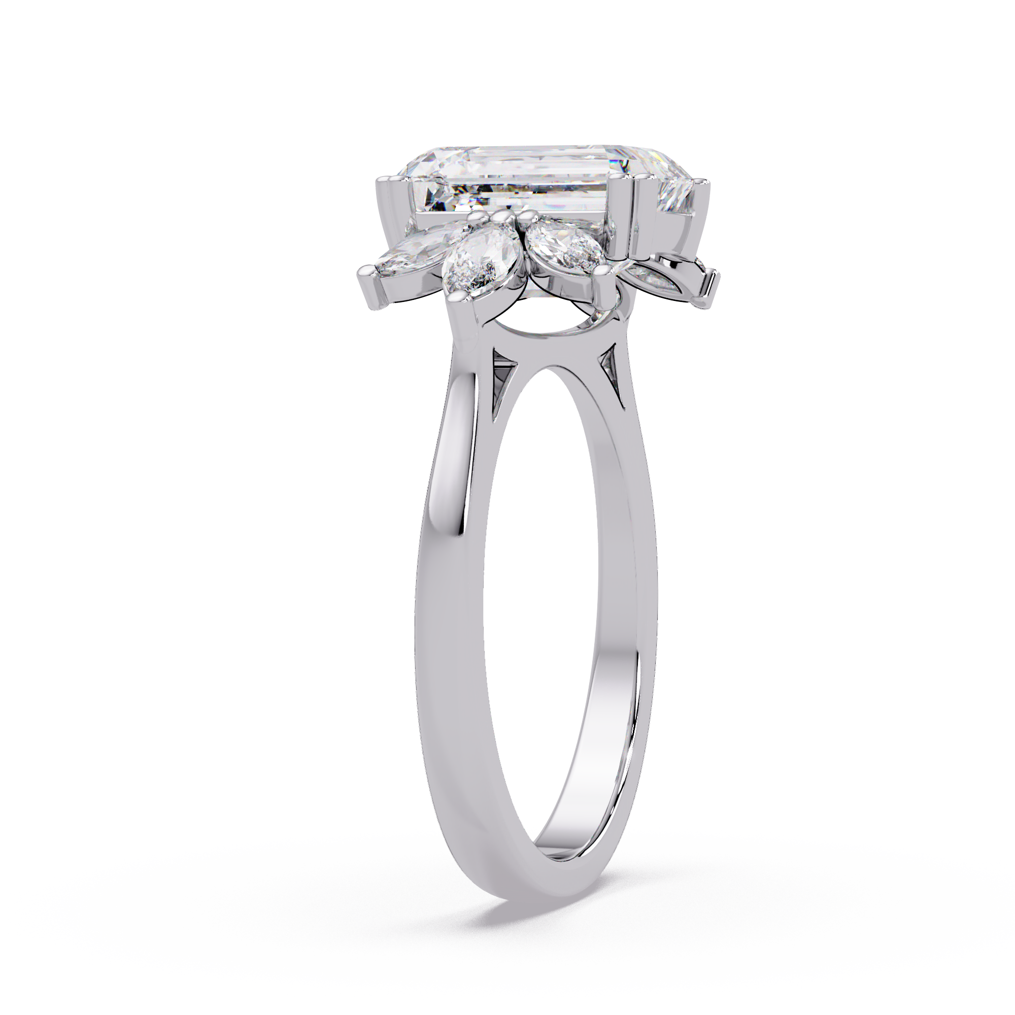 Emerald Cut Diamond Marquise Floral Cluster Engagement Ring
