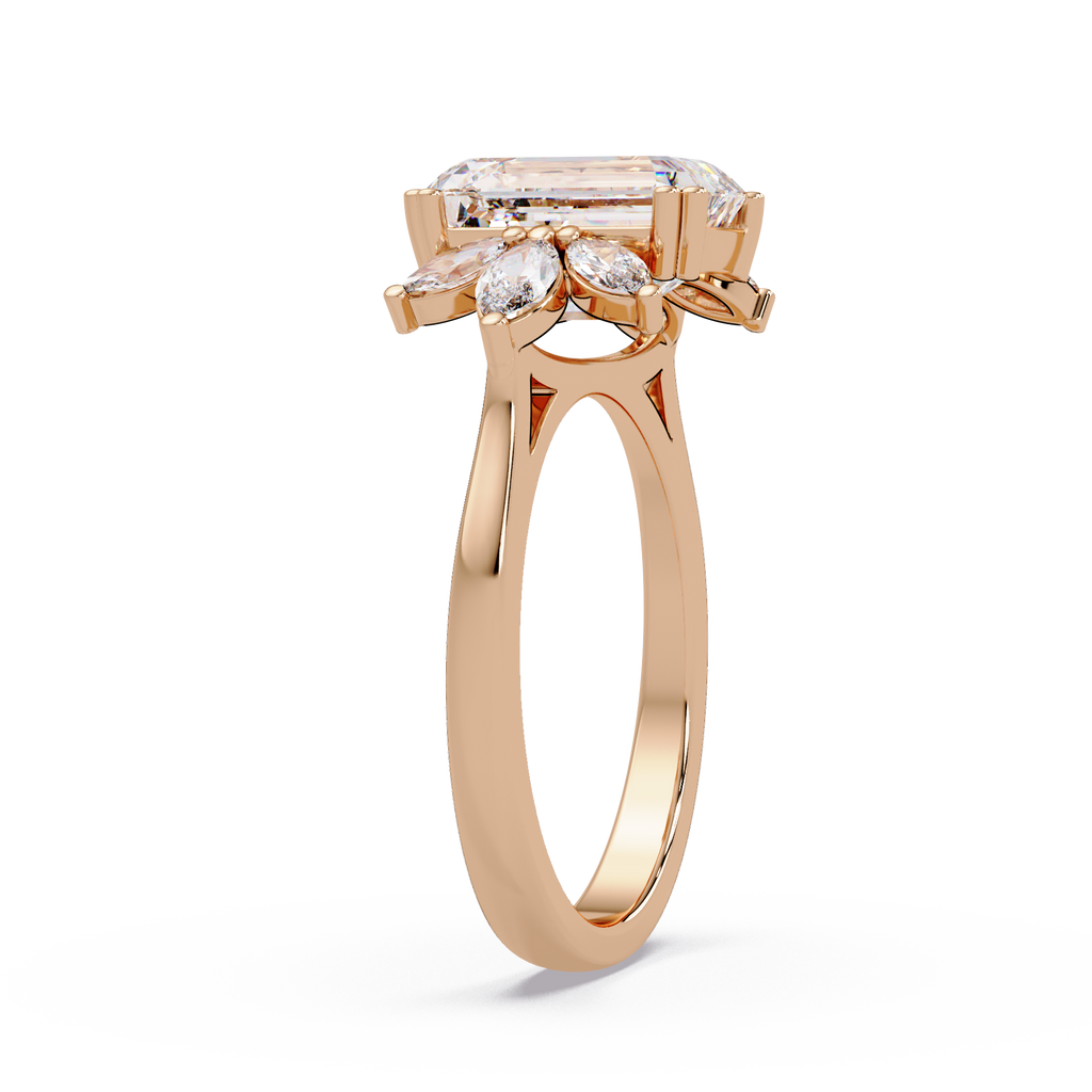 Emerald Cut Diamond Marquise Floral Cluster Engagement Ring