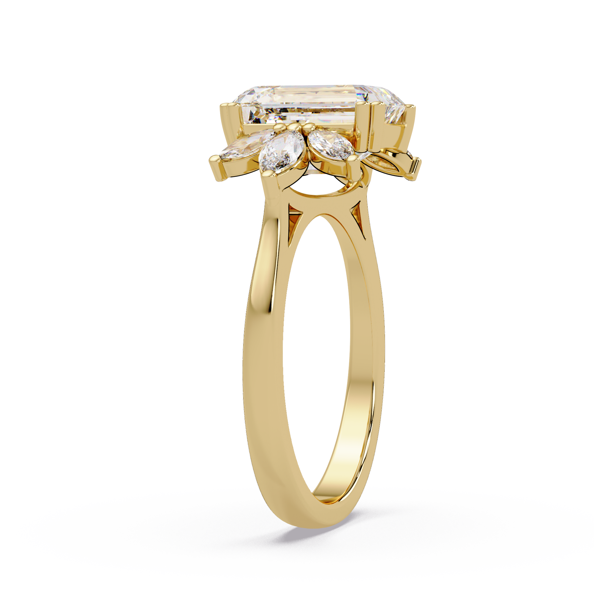Emerald Cut Diamond Marquise Floral Cluster Engagement Ring